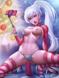 1girls anal anal_insertion anal_masturbation animated aroma_sensei blue_eyes breasts christmas christmas_outfit cleavage dildo female female_masturbation female_only high_heels long_hair loop masturbation nipples no_sound panties panties_aside partially_visible_vulva pussy riding_dildo rwby selfie_stick sex_toy shorter_than_30_seconds skindentation solo squatting striped_legwear striped_socks thighhighs thong thong_aside video weiss_schnee white_hair