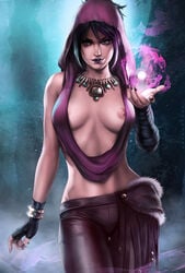 1girls areolae black_hair bracelet breasts dandon_fuga dragon_age eyeshadow female female_only fingerless_gloves hood leather_pants magic magic_user morrigan_(dragon_age) nipples pants partially_clothed pinup purple_hood purple_lips solo tagme