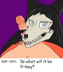 1boy 2018 ambiguous_gender anthro black_fur black_hair bone canine duo fur furry hair half-closed_eyes human interspecies male male_pov mammal monster nude penis pov purple_background scp-1471 scp_foundation simple_background skull source_request talking_to_viewer text wombatworks zhutia15