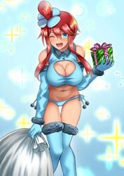 1girls boots breasts christmas cleavage cleavage_cutout female_only gloves human looking_at_viewer pokemon pokemon_bw pokemon_bw2 present red_hair skyla_(pokemon) smile takecha thigh_boots thigh_gap thighhigh_boots thighhighs wide_hips wink winking