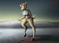 2018 anthro breasts cervine christmas clarice_(rudolph_the_red-nosed_reindeer) darthmaul1999 digitigrade female holidays hooves ice mammal nipples nude outside pussy reflection reindeer solo walking