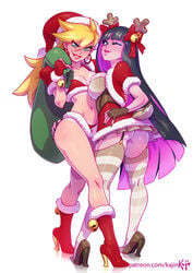 2girls ass asymmetrical_docking bikini bimbo black_nails breast_press breast_size_difference breasts christmas cleavage eyeshadow female femdom garter_straps high_heel_boots high_heels hoop_earrings hourglass_figure implied_incest kajinman lipstick makeup nail_polish panty_&_stocking_with_garterbelt panty_anarchy reindeer_antlers reindeer_tail santa_claus_(cosplay) santa_hat siblings sisters skindentation standing stocking_anarchy striped_legwear tagme thighhighs voluptuous wink