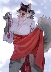 anthro bebebebebe brown_hair canine closed_eyes female furry hair_over_eyes hakama inax inazuma_(bebebebebe) japanese_clothes miko open_mouth solo tongue vibrator