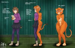 2018 annoyed anthro ass blush breasts brown_hair butt_expansion christmas clothed clothing dialogue drooling el_arca feline female female_only footwear hair holidays human human_to_anthro kairel lion looking_pleasured mammal masturbation nipples nude pantherine saliva sequence shoes skirt solo standing tail tail_growth transformation wide_hips witchfiend