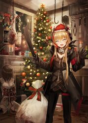 2girls android armless blood blood_splatter christmas christmas_tree closed_eyes crazy dissection fireplace gift_bag girls'_frontline gloves hat highres legless lithium10mg m4_sopmod_ii_(girls'_frontline) machete multiple_girls sack sangvis_ferri santa_hat saw smile torso wire