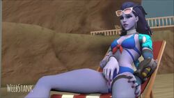 1girls 3d alternate_costume animated beach bikini blue_hair cote_d'azur_widowmaker female female_only fingering gaping_pussy glasses masturbation no_sound overwatch panties_aside purple_skin solo tattoo vaginal_fingering video weebstank widowmaker