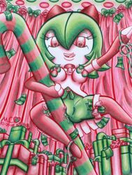 2018 armwear bell bow breasts candy candy_cane choker christmas clothed clothing curtains elbow_gloves female food gift gloves green_hair green_nipples grinding hair heart heart-shaped_pupils holidays humanoid jingle_bells kirlia legwear licking licking_lips looking_at_viewer money mukucookie nintendo nipple_piercing nipples panties panties_around_one_leg panties_down piercing pokémon_(species) pokemon pokemon_(species) pussy pussy_juice raised_arm red_eyes ribbons rubbing short_hair smile solo spread_legs spreading stockings stripper thong tongue tongue_out topless traditional_media_(artwork) underwear underwear_around_one_leg video_games