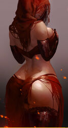 1girls ass back back_view breasts color dark_souls dark_souls_2 desert_sorceress detailed female female_only from_behind fromsoftware hands_on_own_chest hood legwear light_skin looking_back natthelich painting_(artwork) ragged_clothing ripped_clothes ripped_clothing solo thighhighs