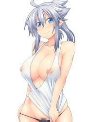 ahoge alumina areola_slip areolae bare_shoulders black_panties blue_eyes breasts cleavage covered_nipples female large_breasts long_hair looking_at_viewer nipples no_bra no_pants original panties pointy_ears ponytail pubic_hair pubic_hair_peek see-through shirt_tug sidelocks silver_hair simple_background skindentation smile solo tank_top underwear white_background zin_(goraku_hiroba)