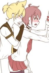 2boys against_wall ahoge bandage_on_nose bandaged_arm black_thighhighs blonde_hair blush blushing crying_with_eyes_open cute_fang detached_sleeves ear_piercing eyeliner eyes_closed femboy from_behind fukase gameendme gay hand_around_waist implied_anal kagamine_len neck_ribbon no_underwear no_visible_genitalia nose_bandage partially_clothed ponytail red_eyes red_hair sailor_collar sex_under_skirt short_hair simple_background skirt skirt_lift tearing_up thighhighs tie vocaloid white_background yaoi