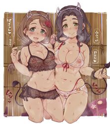 2girls 7010 akanishi_erika bangle bikini black_hair blush bracelet braid breasts brown_bikini brown_hair cleavage collarbone dark_skin demon_tail ebihara_naho flower green_eyes hair_flower hair_ornament hairband heart heart-shaped_pupils holding_tail idolmaster idolmaster_cinderella_girls jewelry lace lace-trimmed_bikini large_breasts long_hair looking_at_viewer multiple_girls navel pubic_hair pussy pussy_juice red_flower red_rose rose see-through single_braid smile sweat swimsuit symbol-shaped_pupils tail translation_request wet white_bikini wristband