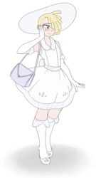 1boy bare_shoulders blonde blonde_hair blush blushing clothing colored crossdressing dress earrings elbow_gloves eyelashes femboy fully_clothed girly gladion_(pokemon) gloves green_eyes hair_over_eye hair_over_one_eye hat highres human lips lipstick long_socks looking_away looking_down male male_only pokemon pokemon_sm purse sealguy shiny_hair shoes short_hair sissy sissyfication smile smiling socks source_request team_skull thigh_gap trap video_game video_games white_background white_dress white_footwear white_gloves white_hat white_shoes white_socks