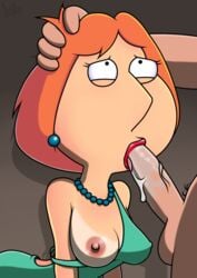 accurate_art_style badbrains blowjob breasts clothed dress dress_down ear_piercing family_guy fellatio female holding_head large_breasts lois_griffin looking_at_another looking_up male naked necklace nipples nipples_visible_through_clothing oral orange_hair penis red_lipstick room saliva saliva_drip saliva_on_penis short_hair standing sucking tagme unseen_male_face