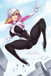 1girls ange1witch big_breasts blonde_hair blue_eyes bodysuit cameltoe erect_nipples_under_clothes female female_only gwen_stacy hood large_breasts marvel solo spider-gwen spider-man_(series) tight_clothing