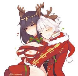 2d alternate_costume breasts christmas fire_emblem fire_emblem_awakening fire_emblem_heroes hug memeh nintendo ribbon robin_(fire_emblem) robin_(fire_emblem)_(male) tharja_(fire_emblem) tharja_(winter)_(fire_emblem) white_hair