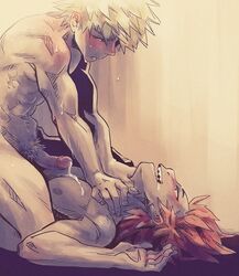 2boys abs blush choking cum cum_on_upper_body eijirou_kirishima gay katsuki_bakugou male male_only my_hero_academia naughty_face nipples penis pubic_hair syblatortue tagme yaoi