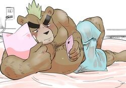 anthro ashigara belly blush boxers_(clothing) clothing cum_through_clothing eyebrows fur furry furry_only green_hair hair lying male male_only mammal mohawk musclegut on_side phone pillow solo tenting thick_eyebrows tokyo_afterschool_summoners ujishiyo underwear ursine video_games