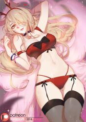 1girls ahri blonde_hair bra breasts christmas cleavage female female_only garter_belt league_of_legends looking_at_viewer panties popstar_ahri snowdown solo songjikyo thighhighs