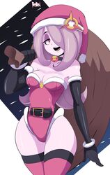 1girls bell_collar belt bigdeadalive breasts christmas christmas_hat christmas_outfit cleavage elbow_gloves female female_only hips leotard little_witch_academia looking_at_viewer open_mouth sack solo sucy_manbavaran thighhighs thighs