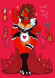 anthro avian blaze_the_phoenix crysalia feathers female fire flower ketchup maid maid_uniform pepper phoenix salt salt_shaker solo spatula voluptuous