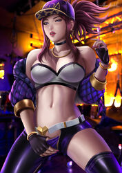 1girls akali alexander_dinh alternate_costume breasts cleavage clothed female female_only hat k/da_akali k/da_series league_of_legends lipstick midriff panties pubic_hair purple_eyes strapless strapless_top strapless_topwear tubetop