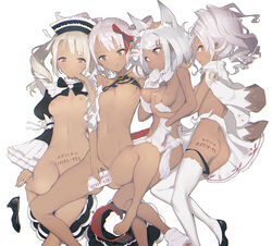 4girls ;q animal_ears arm_garter armpits ass bangs bare_arms bare_legs bare_shoulders barefoot belt black_dress black_footwear black_neckwear black_panties blunt_bangs blush body_writing bow bowtie breast_grab breasts brown_eyes cat_ears cat_paws closed_mouth clothes_removed clothing collar commentary_request dark-skinned_female dark_skin deep_skin dragon_quest dragon_quest_x dress dress_removed eyebrows eyebrows_visible_through_hair fingernails flat_chest frilled_hat frilled_sleeves frills gloves grabbing grabbing_from_behind green_eyes groping hair_between_eyes hair_ornament hairbow hairclip hat jacket jacket_on_shoulders juliet_sleeves kaede_(sayappa) knee_up long_hair long_sleeves looking_at_viewer lying medium_breasts medium_hair multiple_girls navel nipples on_back on_side one_eye_closed open_clothes open_jacket panties panty_pull paw_gloves paw_shoes paws puffy_sleeves purple_eyes red_belt red_bow red_collar shoe_removed shoes short_hair sideways_glance silver_hair simple_background skirt small_breasts smile spread_legs stomach thighhighs tongue tongue_out twintails underwear white_background white_hair white_jacket white_legwear wide_sleeves