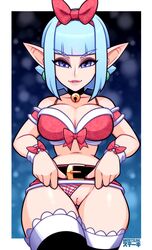 big_breasts blue_eyes blue_hair bow breasts elf mrsteak skirt_lift vagina