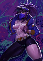 1girls akali alternate_costume breasts eyelashes female female_only hair human k/da_akali k/da_series league_of_legends legs legwear looking_at_viewer ninja nipples no_bra psycoil_(artist) smug solo standing undressing video_games