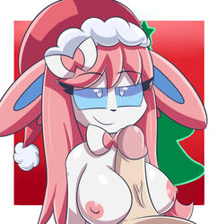 2018 anthro big_breasts blue_eyes bow breasts christmas duo eeveelution female fur furry hair hat holidays human human_on_anthro interspecies javisylveon_(mintyspirit) long_hair male mammal mintyspirit nintendo nipples original_character paizuri penis pink_fur pink_hair pokémon_(species) pokemon pokemon_xy santa_hat smile smirk solo_focus straight sylveon vein video_games white_skin