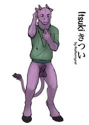 animal_genitalia animal_penis anthro balls colored fur furry furry_only horn invalid_tag itsuki_(いつき) male male_only outside penis phone pullover shaded simple_background solo standing thathornycat