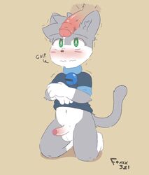 anthro balls bell_collar blush bottomless clothed clothing collar duo erection feline foreskin foxxx321 fur furry furry_only green_eyes humanoid_penis kneeling leo_(vg_cats) male male_only mammal navel penis precum simple_background uncut vg_cats yaoi