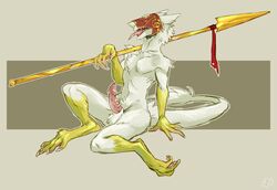 2018 4_fingers 4_toes anthro balls erection hi_res male male_only mask melee_weapon nude penis polearm seraphim_(starfae) sergal simple_background solo spear teeth toes tongue twistedteeth weapon