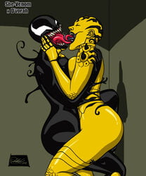 2d 2girls ass black_lips blank_eyes crossover d'vorah extreme_french_kiss female female_only french_kiss human humanoid humanoid_on_humanoid interspecies interspecies_yuri kaywest kissing marvel mortal_kombat mortal_kombat_x multiple_girls open_mouth sharp_teeth she-venom spider-man_(series) symbiote symmetrical_docking teeth tongue tongue_out venom_(marvel) yellow-skinned_female yellow_skin yuri