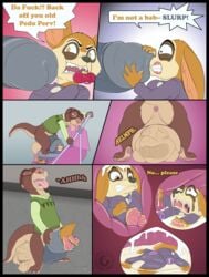 age_difference anthro balls bottomless clothing cock_vore comic cub cum dialogue digestion disney emmitt_otterton finnick gay glasses graphic_digestion male male_only masturbation penis precum roco size_difference testicles vore yaoi zootopia