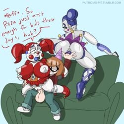 1boy 2d 2d_(artwork) 2girls age_difference animatronic ass baby_(fnafsl) ballerina ballora ballora_(fnafsl) big_breasts circus_baby circus_baby_(fnaf) clothed_sex clown couch dialogue english_text female fingering five_nights_at_freddy's five_nights_at_freddy's:_sister_location human humanoid looking_back male male_human/female_humanoid male_human/female_robot original_character penetration penis putricia robot scottgames sex simple_background sister_location small_but_hung straight taylor_bridge text threesome twintails vaginal_penetration