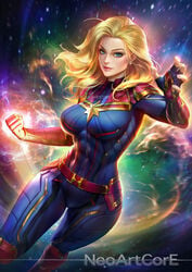 1girls abs absurdres annoying_watermark aura belly belt blue_eyes bodysuit breasts captain_marvel carol_danvers color eye_contact female female_only glowing highres large_breasts long_hair looking_at_viewer marvel marvel_comics muscular muscular_female navel neoartcore pants patreon pose skin_tight solo text thick_thighs thigh_gap watermark wide_hips