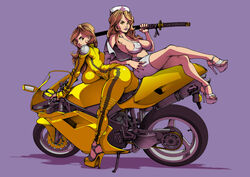 2girls big_ass big_breasts black_mamba clothing elle_driver female female_only high_heels human human_only katana kill_bill large_breasts light-skinned_female light_skin motorcycle nurse_uniform skimpy the_bride thick_ass thick_thighs vehicle voluptuous voluptuous_female