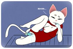 benny_the_cat blue_eyes closed_eyes dialogue feline finger_licking furry large_breasts laying_on_side moaning moaning_in_pleasure nipples popsicle popsicle_in_pussy popsicle_insertion red_swimsuit ribbon_choker spread_legs vagina vaginal_penetration white_fur