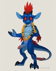 2018 abs alternate_species anthro balls biceps blue_skin chains claws dinosaur erection feathers fory fur furry furry_only gold_chain horn invalid_tag kobold korichi male male_only penis raptor red_eyes red_feathers reptile scalie smile solo stripes theropod