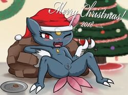 1girls 2018 2_fingers 2_toes alcohol anthro ass bag belly beverage blue_fur blush christmas christmas_tree claws clitoris cookie drunk eyelashes feet female female_only flat_chest food fur furry glass hat holding holidays looking_at_viewer mochi-bun nintendo no_nipples one_eye_closed open_mouth plate pokemon pokemon_(species) pokemon_gsc present pussy red_eyes sitting slightly_chubby small_breasts smile sneasel solo spread_legs spreading tail teeth text tongue tree video_games watermark white_fur wince wine wink