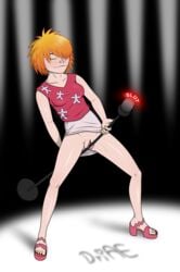 bottomless clothing driae dyed_hair eyes_closed female footwear gorillaz heels human masturbation microphone no_panties noodle_(gorillaz) noodle_(tranz) peeing pink_shirt skirt_up smile solo white_skirt