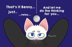 2girls benny_the_cat black_fur blue_eyes cunnilingus dialogue feline female_only furry hypnosis mind_control oral pussy text white_fur yuri