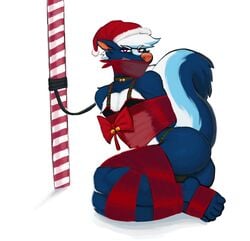 2018 animal_crossing anthro ass bondage bound bound_to_pole bra bulge christmas clothed clothing crossdressing feral festive fur furry furry_only gag gagged hat hicanyoumooforme holidays kicks_(animal_crossing) leash legs_together living_gift looking_at_viewer male male_only mammal mephitid nintendo ribbon_bondage ribbons skunk solo tape tape_gag taped_mouth thong underwear video_games