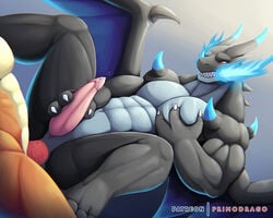 2018 2boys 3_fingers abs anal anal_sex animal_genitalia anthro anthro_on_anthro big_hands big_penis black_skin blue_background blue_skin charizard claws clenched_teeth drooling duo erection faceless_male feet fire fire_breathing gay genital_slit gradient_background hand_on_chest hi_res horns lying male male_only masturbation mega_charizard_x mega_evolution missionary_position muscular muscular_male nintendo no_nipples nude on_back orange_skin penetration penile_masturbation penis pokémon_(species) pokemon pokemon_(species) pokemon_rgby pokemon_xy precum primodrago red_eyes reptile saliva scalie sex sharp_teeth simple_background slit solo_focus spikes spread_legs spreading tapering_penis teeth text thick_thighs veins veiny_penis video_games watermark wide_hips wings yaoi