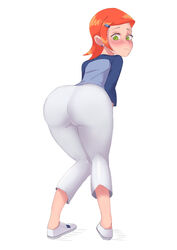 1girls ben_10 bubble_butt ccontrast clothed curvy dat_ass embarrassed female_only green_eyes gwen_tennyson orange_hair short_hair solo voluptuous wide_hips