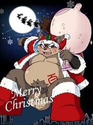 2015 anthro balls belly big_balls black_nose blush canine christmas clothed clothing flaccid holidays humanoid_hands male male_only mammal mind_drive mizuse_higomaru momochi_sandayuu moobs moon navel night nipples one_eye_closed overweight overweight_male penis sengoku_puzzle solo tanuki wink