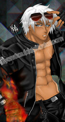 1boy annoying_watermark belt detailed_background flame gray_eyes jacket jeans k' king_of_fighters male_only muscular muscular_male nyannikoru signature snk solo_male sunglasses_removed tagme white_hair