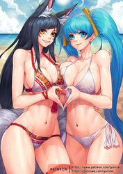 ahri beach big_breasts bikini black_hair blue_eyes blue_hair breast_press cleavage cyrvy fox_ears gonster heart league_of_legends navel pool_party smile sona_buvelle twintails vastaya wet yellow_eyes