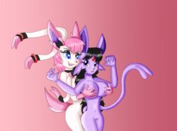 2018 2girls alternate_color anthro big_breasts black_hair blue_eyes breasts canine duo eeveelution espeon feline female female_only fur furry furry_only grope hair hand_on_breast interspecies kendratheshinyeevee mammal nintendo nipples nude open_mouth original_character pink_hair pokémon_(species) pokémorph pokemon pokemon_gsc pokemon_xy pokemorph purple_eyes purple_fur pussy simple_background smile sylveon video_games wide_hips yuri