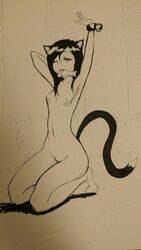 arm_behind_back armpit cat_ears cat_girl cat_tail catgirl female fish_in_mouth flat_chested inktober kleinvoimond sketch